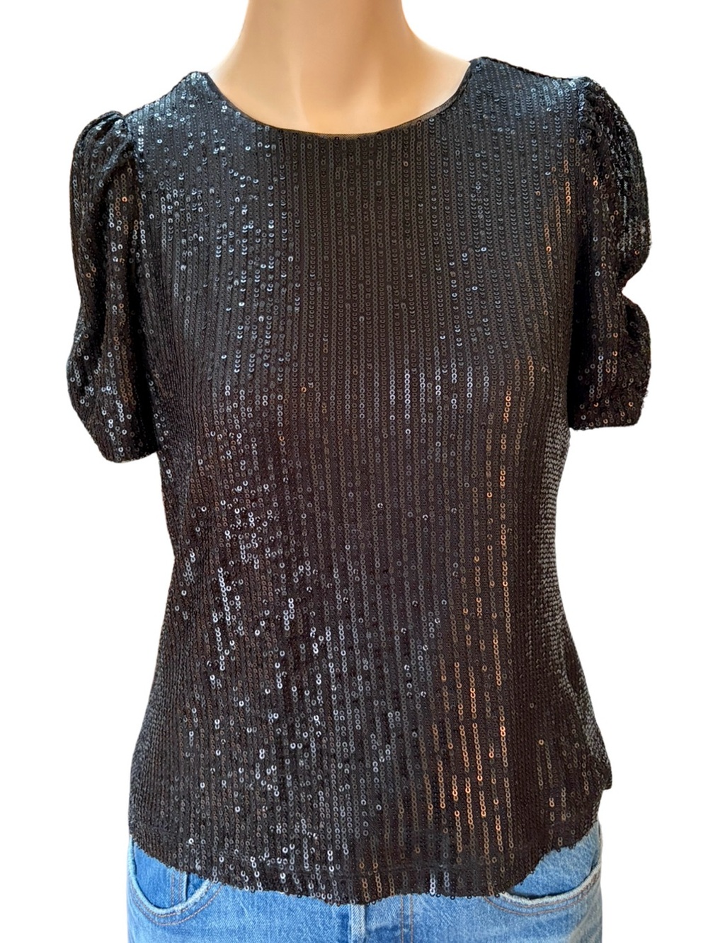 DKNY Black Sequin Puff Sleeve Top Small NWOT
